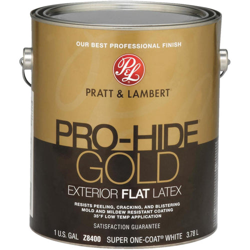 Pratt & Lambert Pro-Hide Gold Latex Flat Exterior House Paint, Super One-Coat White, 1 Gal.
