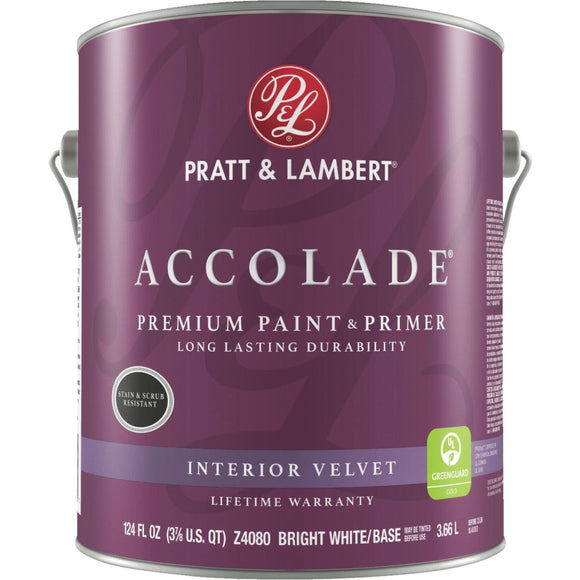 Pratt & Lambert Accolade Premium 100% Acrylic Paint & Primer Velvet Interior Wall Paint, Bright White Base, 1 Gal.