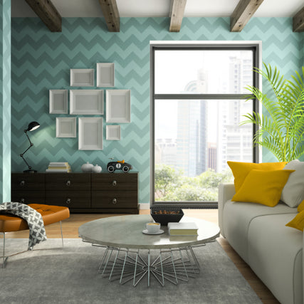 WallpaperA fully furnished room with decorative wallpaper.